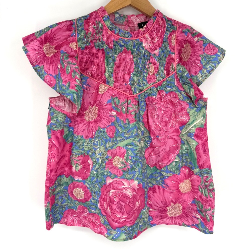Gigio Women Small Top Pink Floral Smocked Flutter Sleeve Mock Neck Boho Cottage - Picture 2 of 6